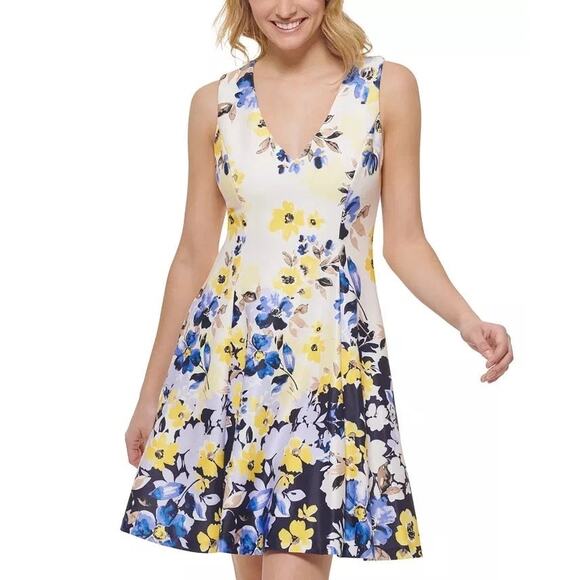 Vince Camuto Petite Scuba Crepe V-Neck Dress 18W Fit Flare A-Line Floral Event - Picture 1 of 9
